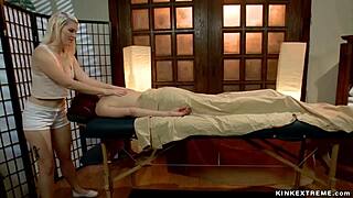 blonde masseuse gets whipped hard while bound in lesbian bdsm