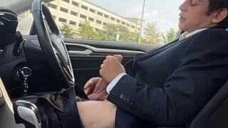 stroking monster big cock hard in car pov close-up cumshot ready