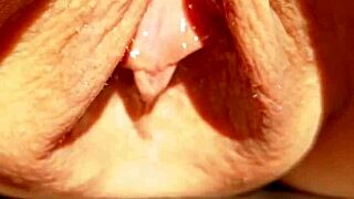 Mature wife flashes her huge soaking wet meaty pussy lips in slow mo grind