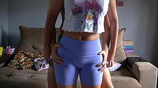 She grinds her tight spandex ass on his bulge for a messy underwear cum finish.