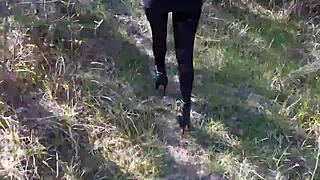 strolling through woods in sexy high heels and pantyhose 😍👠
