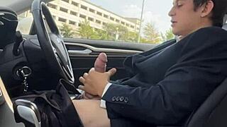 stroking monster big cock hard in car pov close-up cumshot ready