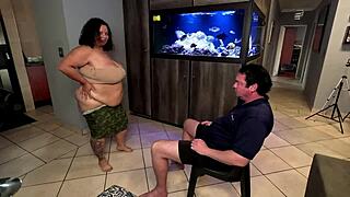 bbw brunette strips fat body and sucks white guy's big cock deep