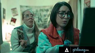 check out this futuristic milf taking two vintage nerdy blondes' virginity in rough lesbian threesome scissoring