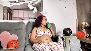 chubby ebony babe in halloween costume farts and burps during cozy movie night