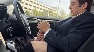 stroking monster big cock hard in car pov close-up cumshot ready