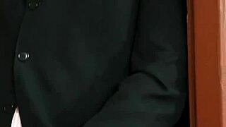 glam brunette babe in stockings gets handjob cumshot in hot threeway! 👠💦