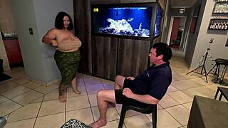 bbw brunette strips fat body and sucks white guy's big cock deep