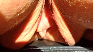 Mature wife flashes her huge soaking wet meaty pussy lips in slow mo grind