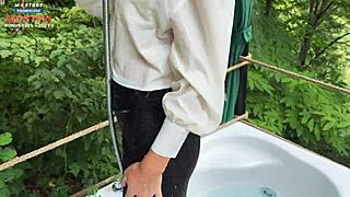 Redhead receptionist in heels skirt pantyhose baths then sucks client cock for cumshot