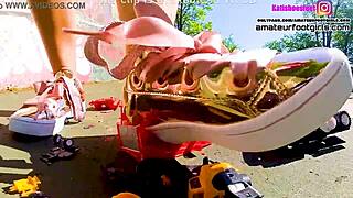 Kati S Crushes Toys with Sneakers in Giantess Car Trample