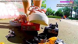 Kati S Crushes Toys with Sneakers in Giantess Car Trample