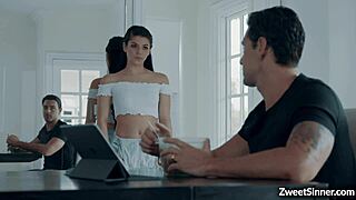 horny teen babysitter gina valentina toys wet pussy for watching boss then fucked hard