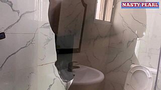 ebony housewife caught showering by husband's friend gets her wet pussy creampied behind bathroom door full vid