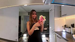 hey bored sexy brunette in nightie and socks in kitchen, wanna play? 😏