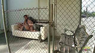 Blonde milf with big fake tits drops to knees in parking lot for outdoor doggystyle pounding