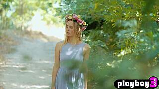 What if cute blonde model strips naked outdoors and rips clothes for playboy poses?