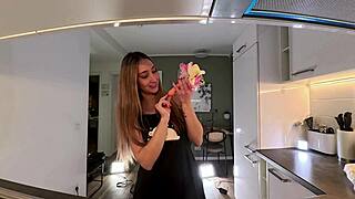 hey bored sexy brunette in nightie and socks in kitchen, wanna play? 😏