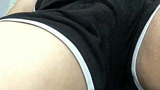 Asian babe masturbates tight pussy right after work moaning softly