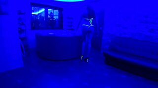 ultraviolet babe flashes bikini wet pussy clit in steamy shower orgasm