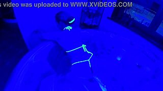 ultraviolet babe flashes bikini wet pussy clit in steamy shower orgasm