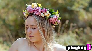 What if cute blonde model strips naked outdoors and rips clothes for playboy poses?