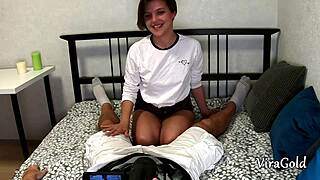 cute petite student RIDES cock then takes CUMSHOT in mouth after face fucking cowgirl style!