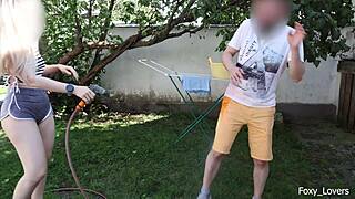 Girlfriend's shorts soaked in garden as boyfriend sprays cum wildly