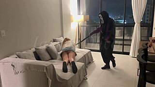 a masked curvy lesbian stranger chokes me ties neck forces deepthroat on strap-on