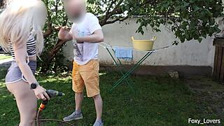 Girlfriend's shorts soaked in garden as boyfriend sprays cum wildly