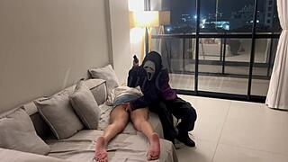 a masked curvy lesbian stranger chokes me ties neck forces deepthroat on strap-on