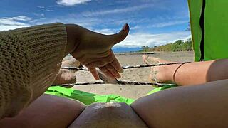 colombian latina fingers juicy gaping pussy lips on beach for stranger pov