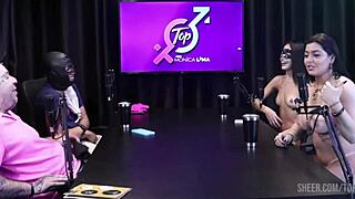 Watch Lucas Ferraz's huge cock bang two lingerie Latinas Monica Lima and Nayra live in public swingers show