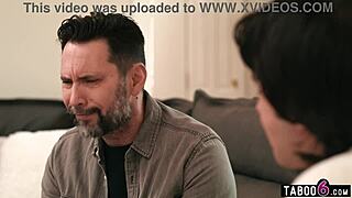 after the blindfolded massage stepson and stepdad share intimate moments with mature stepmom in family home