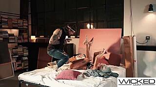 blonde model strips lingerie rips clothes for sloppy deepthroat doggystyle photoshoot