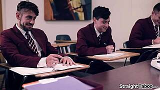 4 College Boys Dominate and Deepthroat Shaved Teacher in Taboo Old Young Gangbang