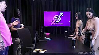 Watch Lucas Ferraz's huge cock bang two lingerie Latinas Monica Lima and Nayra live in public swingers show