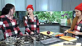 Riley Jean and friends reconcile with Thanksgiving kitchen sex for cash