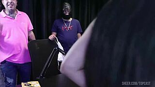 Watch Lucas Ferraz's huge cock bang two lingerie Latinas Monica Lima and Nayra live in public swingers show