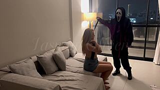 a masked curvy lesbian stranger chokes me ties neck forces deepthroat on strap-on