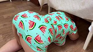 stepmom bends under table takes stepson dick deep in ass then sucks cock hard!