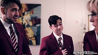 4 College Boys Dominate and Deepthroat Shaved Teacher in Taboo Old Young Gangbang