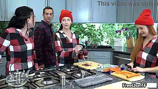 Riley Jean and friends reconcile with Thanksgiving kitchen sex for cash