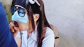 pinay college teen gives sloppy blowjob to construction worker close up