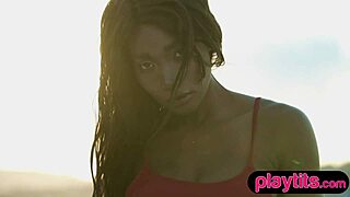 petite ebony milf slowly strips by the pool showing off her curves