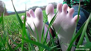 awww my cute curly goddess feet spreadin in white socks n jeans on spring grass