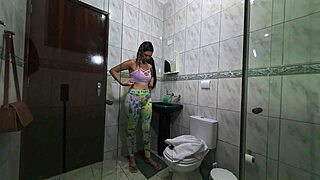 maid swaps leggings for uniform in bathroom mirror 🛀👗 casual change vibes 😊