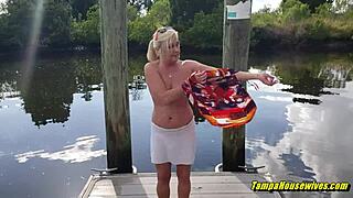 Blonde milf strips nude outdoors flashing shaved pussy for creampie 😈🔥