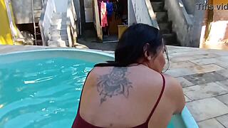 Big Clit Latina Flashes Then Fucks Stepson in Pool Water!