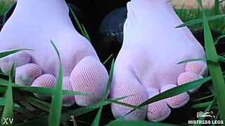 awww my cute curly goddess feet spreadin in white socks n jeans on spring grass
